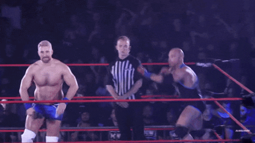two men are wrestling in a ring that has the word impact on it