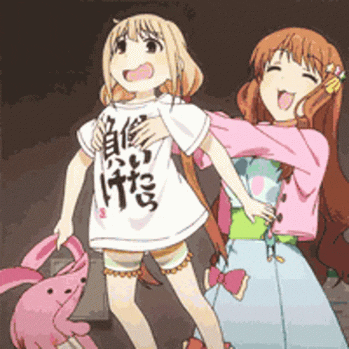 two anime girls are standing next to each other with one wearing a shirt that says ' i 'm sorry '