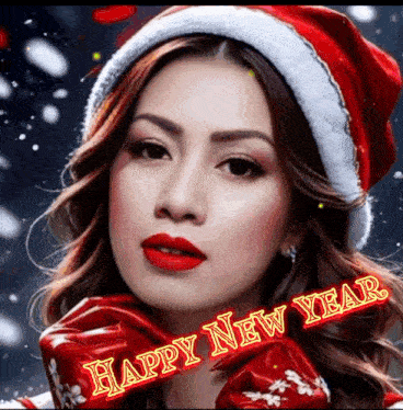 a woman wearing a santa hat with the words happy new year written on it