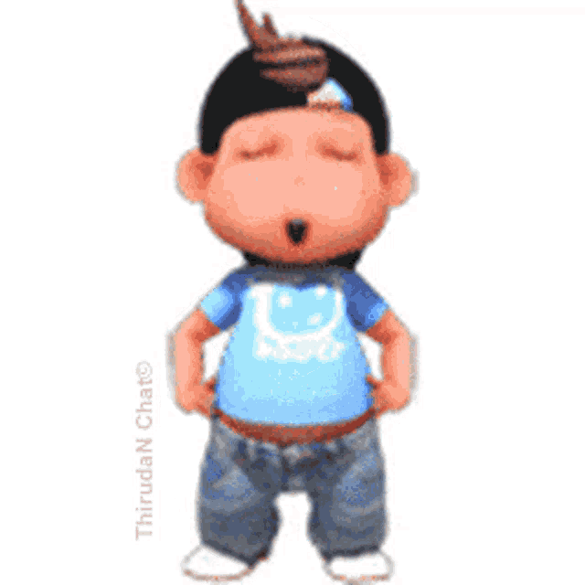 a cartoon boy with his eyes closed wearing a blue shirt with a bear on it