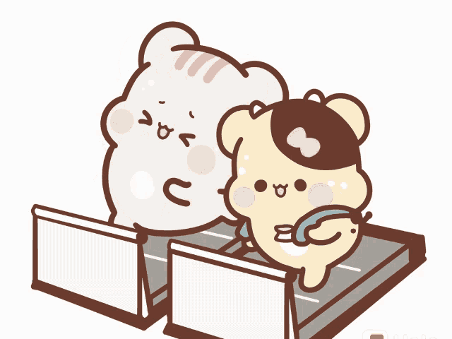 two cartoon bears are standing next to each other on a white surface