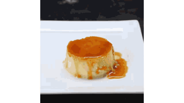 a white plate topped with a dessert with caramel sauce