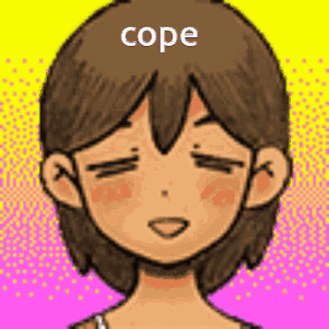 a pixel art of a girl with her eyes closed and the word cope on her head .