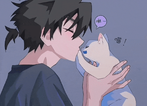 a drawing of a boy kissing a cat with a speech bubble that says ' i love you '