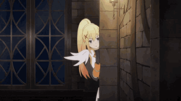 a girl with wings is peeking out of a doorway