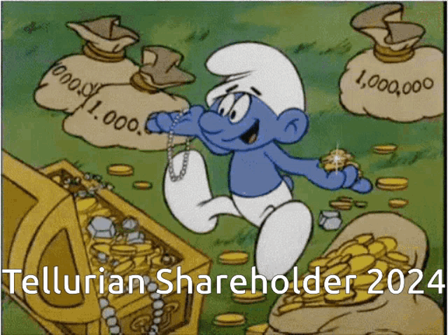 a cartoon of a smurf holding a necklace with the words tellurian shareholder 2024 above him