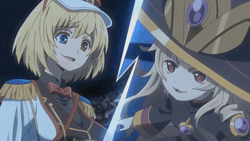two anime girls are standing next to each other and one has a sword in her hand