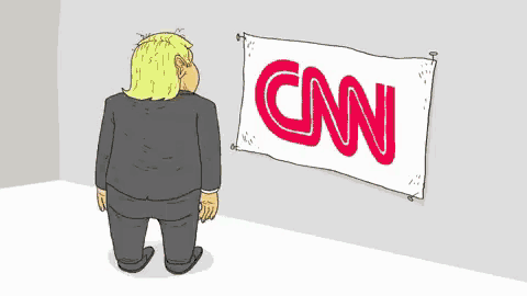 a cartoon of donald trump looking at a cnn banner on a wall