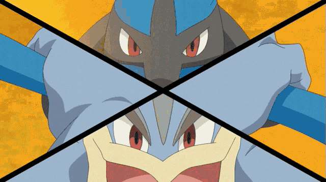a cartoon drawing of a blue and gray pokemon with red eyes