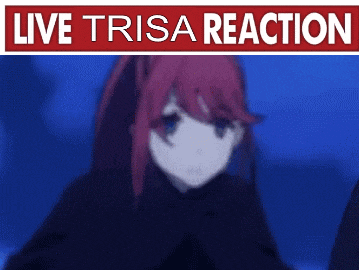 a girl with red hair is standing in front of a live trisa reaction banner .