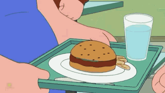 a cartoon character is holding a tray with a hamburger and a glass of water on it