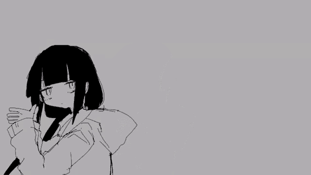 a black and white drawing of a girl with short hair and a hoodie