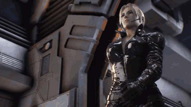 a female video game character wearing a headset stands in a room