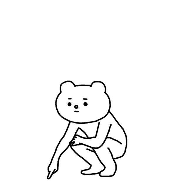 a black and white drawing of a bear squatting down and pointing at something