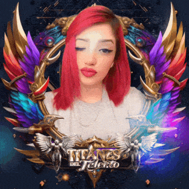 a woman with red hair is in a frame with wings and the words titanes del talento