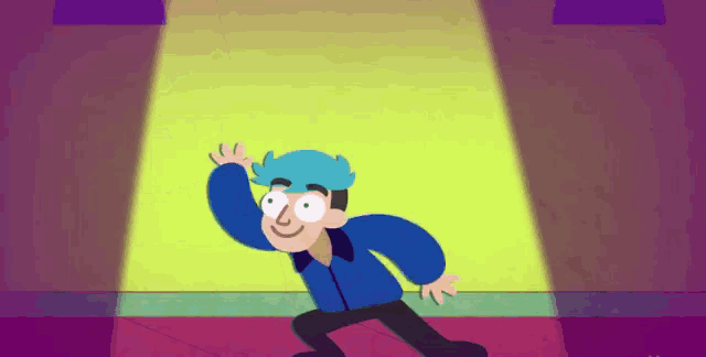 a cartoon of a man with blue hair dancing