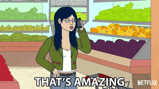 a cartoon of a woman talking on a cell phone with the words that 's amazing netflix on the bottom