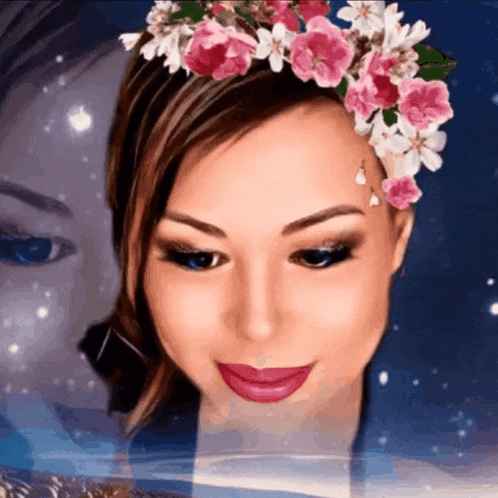 a woman wearing a flower crown on her head looks at the camera