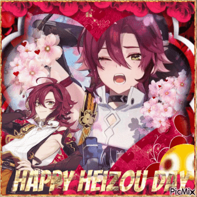 a picture of a girl with red hair and the words happy heizou day