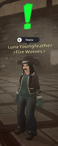 a video game character named luna youngfeather is standing in front of a green exclamation point