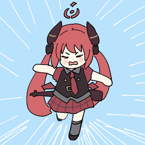 a cartoon drawing of a girl with red hair and horns holding a gun