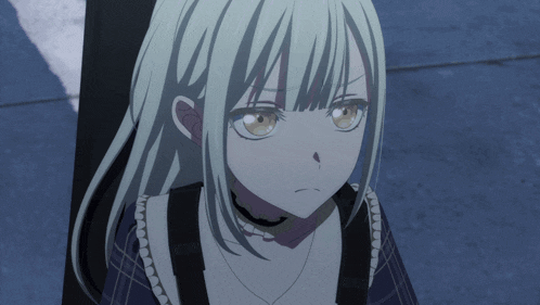 a close up of a girl with white hair and a choker