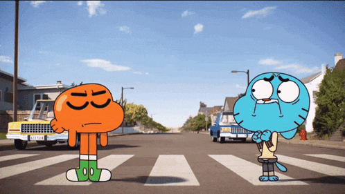 a cartoon character named darwin and gumball are crossing a crosswalk