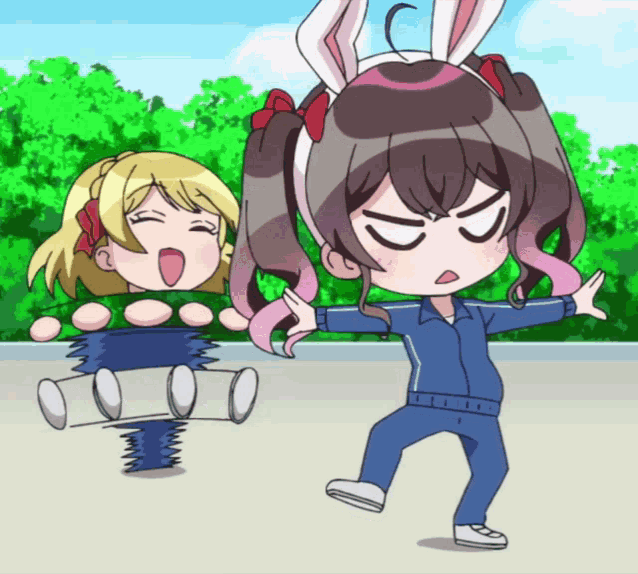 a girl with bunny ears is standing next to a girl with a smiley face