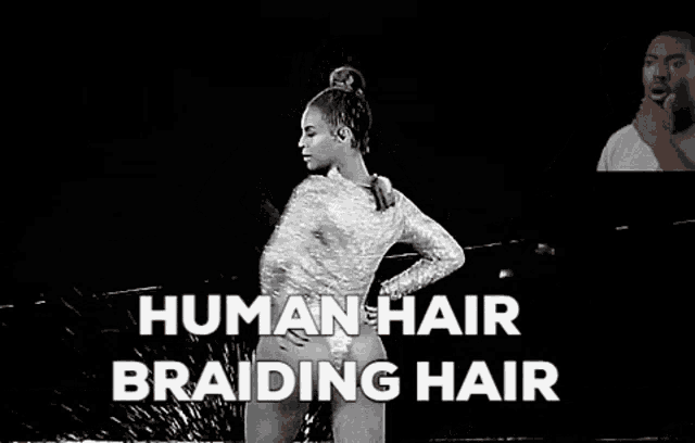 a black and white photo of a woman with the words human hair braiding hair on the bottom
