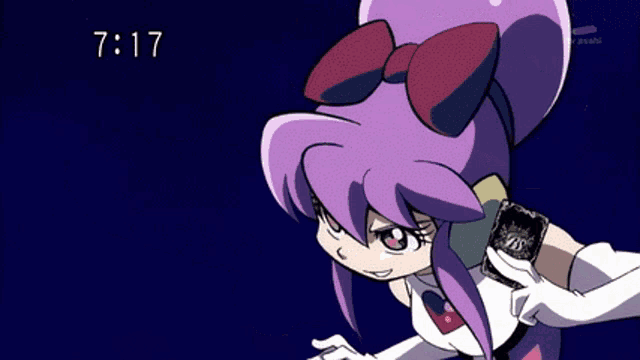 a cartoon of a girl with purple hair and the time 7:17 on the bottom right