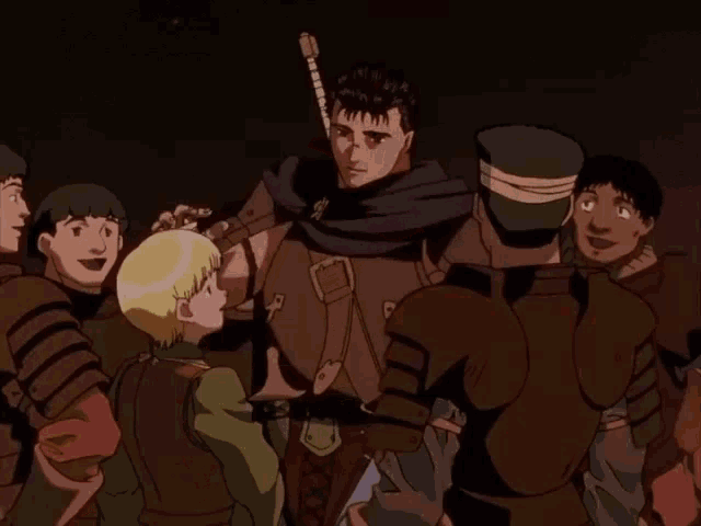 a group of people are standing around a man with a sword