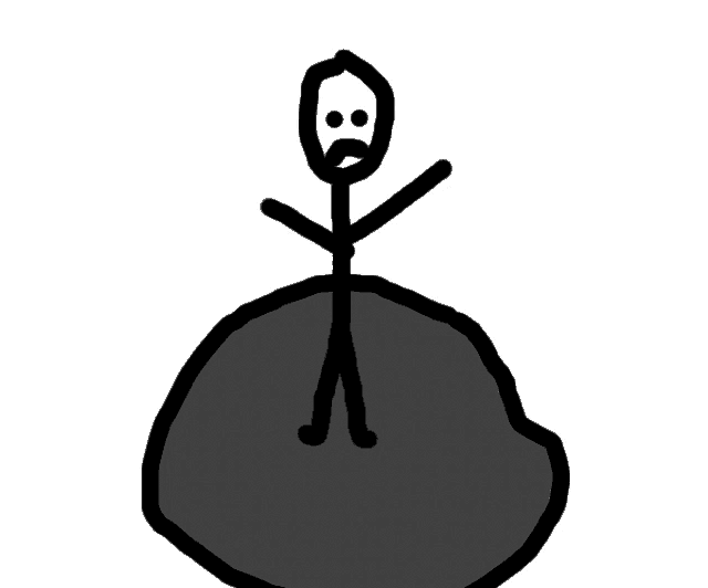 a stick figure with a sad face standing on a rock