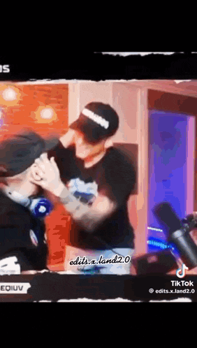 two men are standing next to each other in front of a microphone in a room .