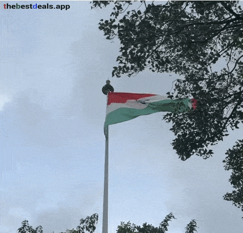 a red white and green flag flies in the wind
