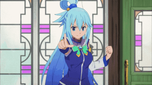 a girl with blue hair is standing in front of a door