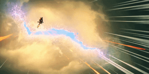 a person is flying through a cloudy sky with a blue light coming out of the clouds