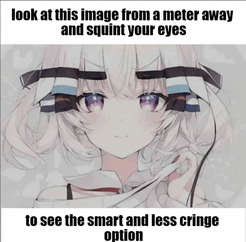 a picture of an anime girl with a caption that says look at this image from a meter away