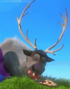 a cartoon reindeer is laying in the grass with its eyes closed and its mouth open