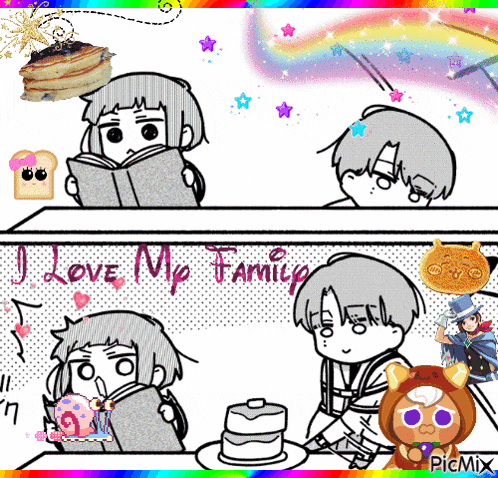 a cartoon of a girl reading a book and a boy eating pancakes with the words " i love my family " on the bottom