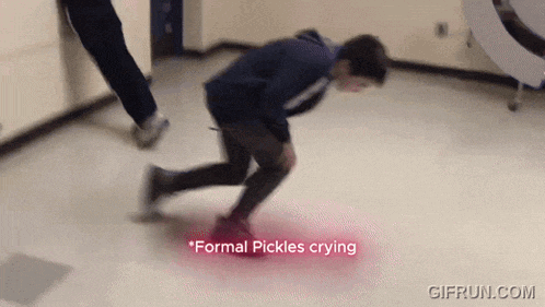 a man is crawling on the floor with the words " formal pickles crying " on the bottom