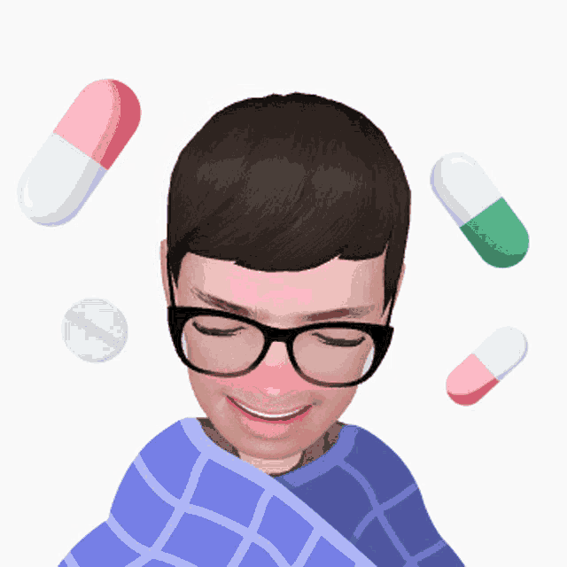 a man wearing glasses and a plaid blanket has pills flying around his head