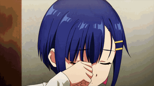 a blue haired anime girl is covering her face with her hand