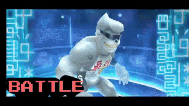 a video game screen shows a cartoon character and the word battle