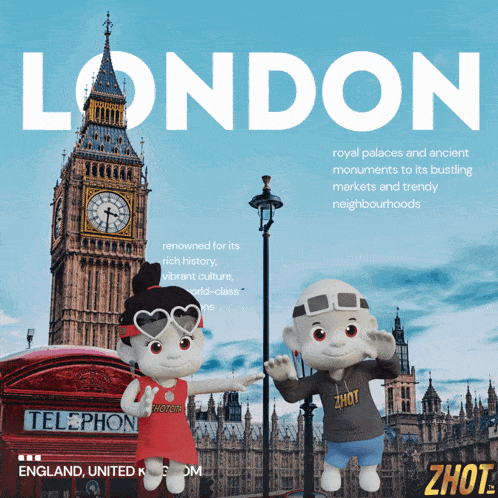 a poster for london shows a clock tower and a telephone booth