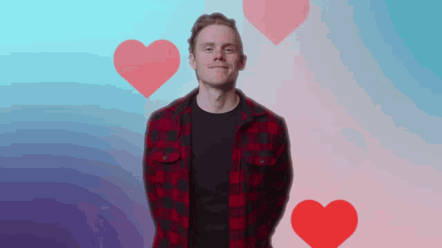 a man in a plaid shirt is surrounded by hearts on a blue and pink background