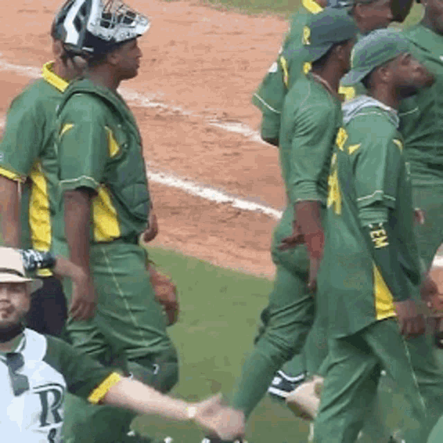 a group of baseball players wearing green and yellow uniforms with the letter r on the front