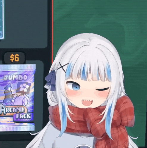 a girl with a scarf around her neck is standing in front of a vending machine that says jumbo arcana pack