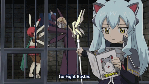 a girl holding a book that says go fight buster on the bottom