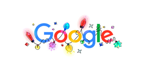 a colorful google logo with balloons and lights