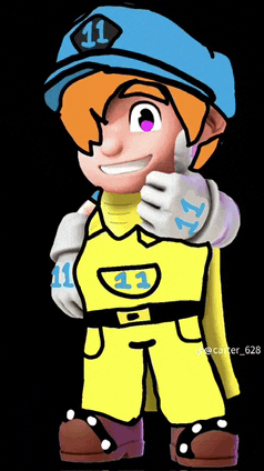 a cartoon character wearing a blue hat with the number 11 on it giving a thumbs up